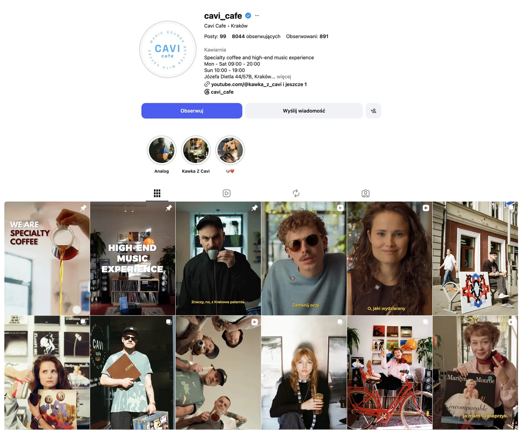 Profil kawiarni Cavi na Instagramie