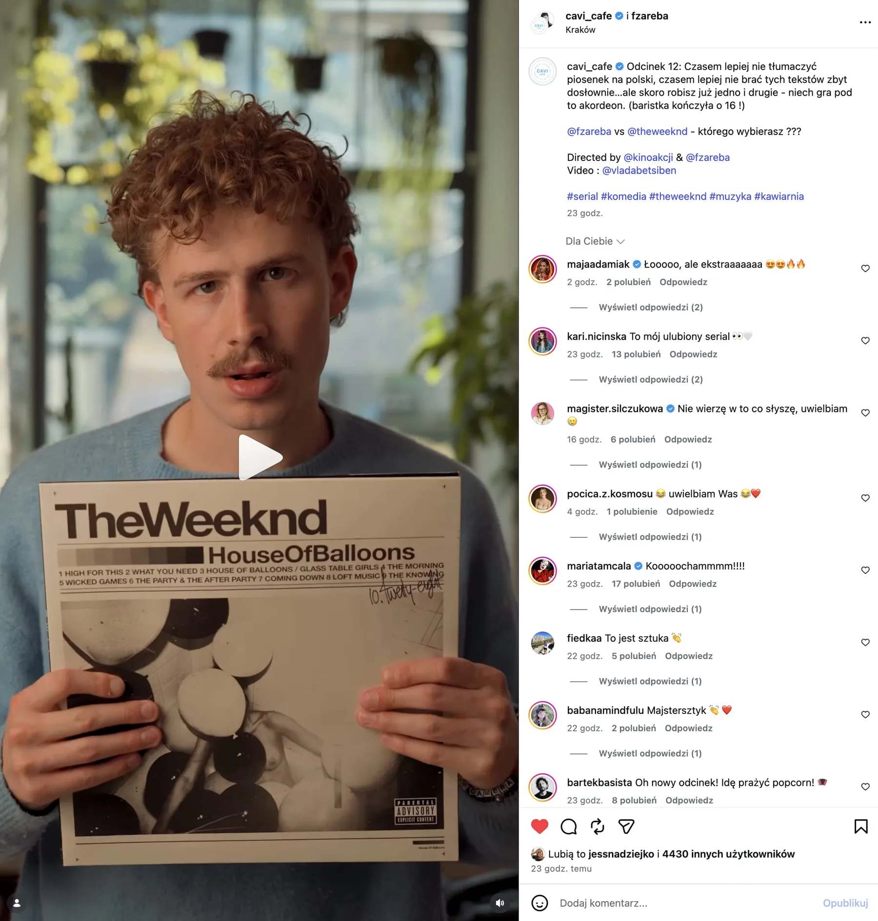 Kadr z rolki Cavi: barista z płytą The Weeknd „House of Balloons”